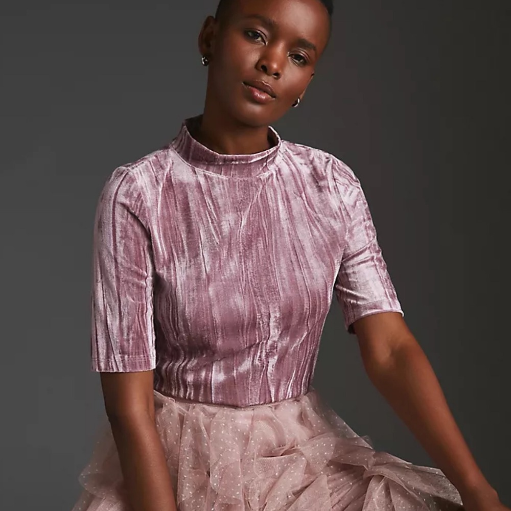 Anthropologie Pilcro Velveteen Mock-Neck Top mauve pink Medium‎ crushed velvet
